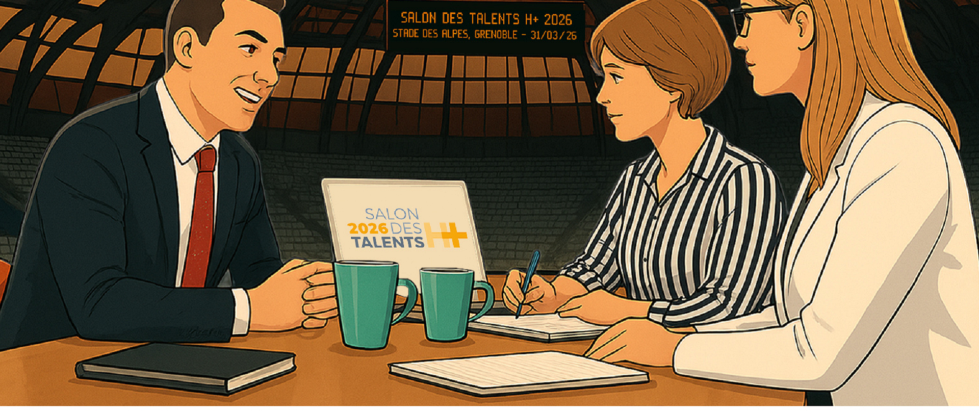 image avec personnages au salon et logos